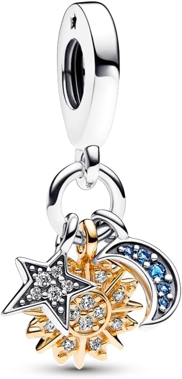 image:imagePANDORA TwoTone Celestial Triple Dangle Charm Compatible with PANDORA Moments Gift for Her Stunning Womens Jewelry Sterling Silver amp 14k Gold with Blue Crystals With Gift Box