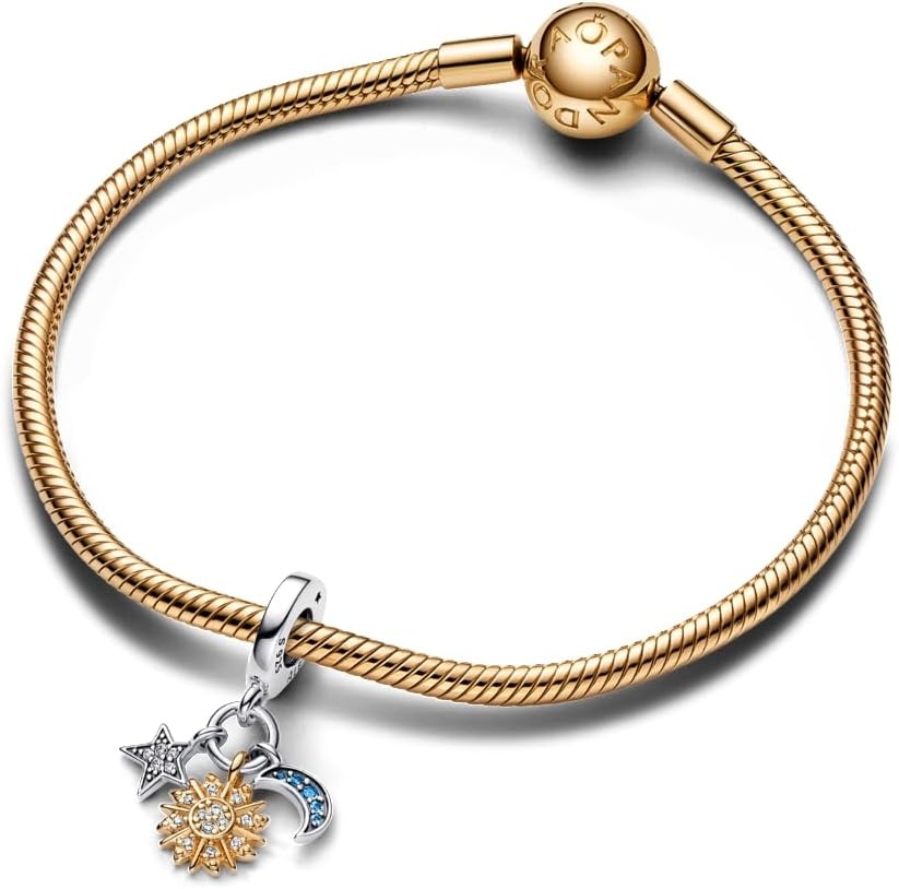 image:imagePANDORA TwoTone Celestial Triple Dangle Charm Compatible with PANDORA Moments Gift for Her Stunning Womens Jewelry Sterling Silver amp 14k Gold with Blue Crystals With Gift Box