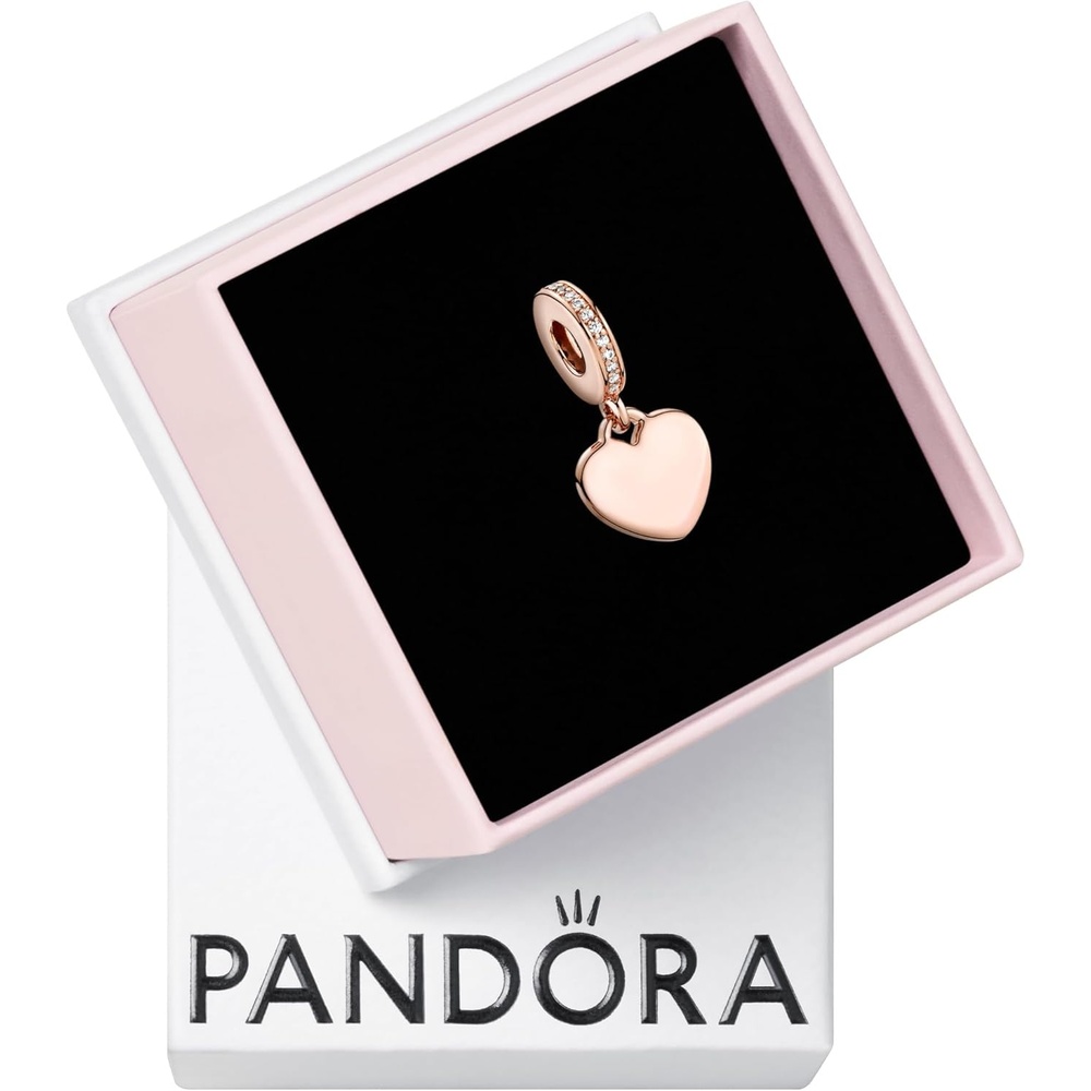 image:imagePANDORA Moments Engravable Heart Tag Dangle Charm 14K Rose GoldPlated Charm with Clear Cubic Zirconia Jewelry for Women Includes Gift Box