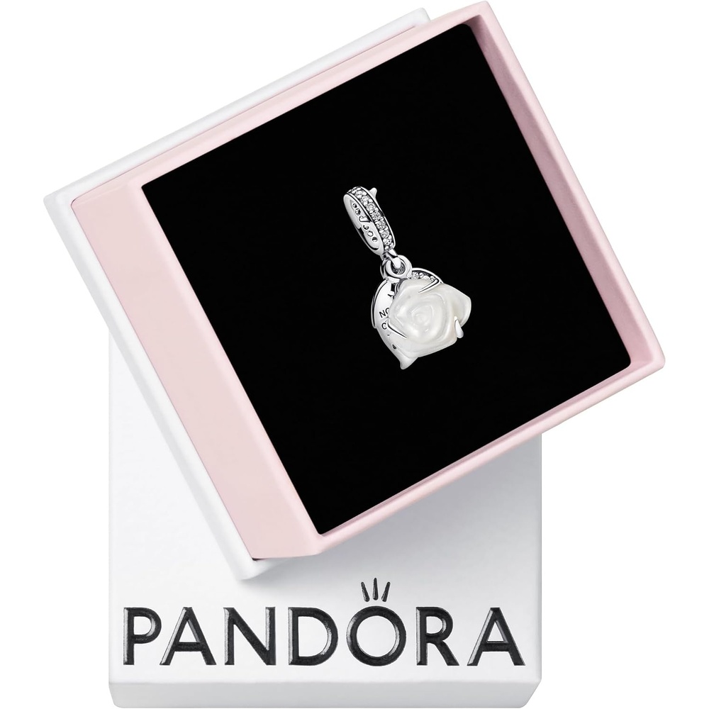 image:imagePANDORA Moments White Rose in Bloom Double Dangle Charm Sterling Silver Charm with Bioresin ManMade Mother of Pearl amp Cubic Zirconia Jewelry for Women Includes Gift Box