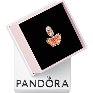PANDORA Moments Pink & Yellow Murano Glass Butterfly Dangle Charm – 14k Rose Gold-Plated Charm with Cubic Zirconia & Murano Glass – Gift for Her – Includes Gift Box