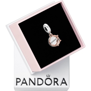 PANDORA Queen & Regal Crown Dangle Charm – Engraved Plaque Detail – Jewelry for Her with Gift Box – Compatible Moments Charm Bracelets – Sterling Silver & 14k Rose Gold